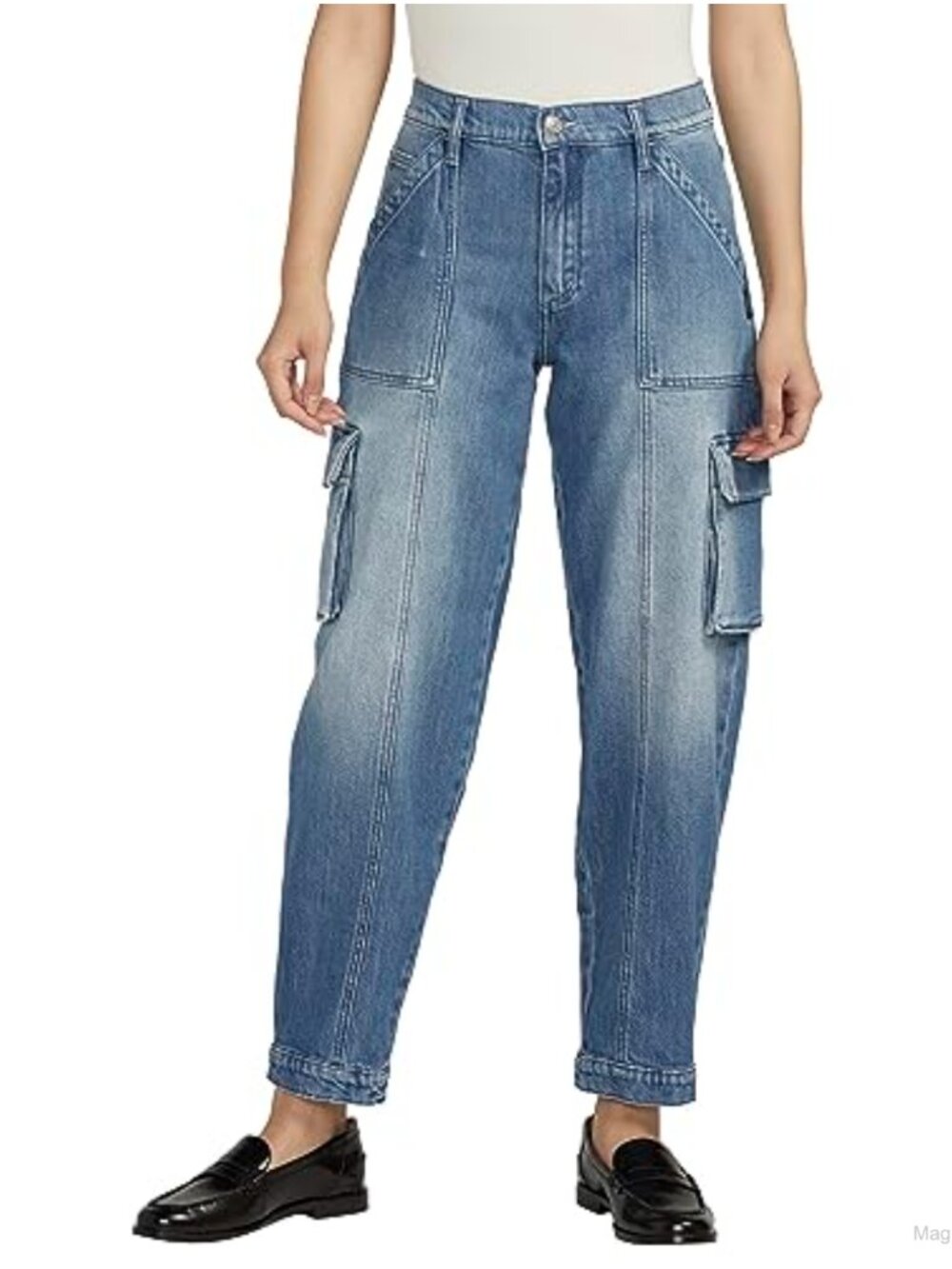 High Rise Cargo Jeans Tapered Leg Low Stretch Denim Casual